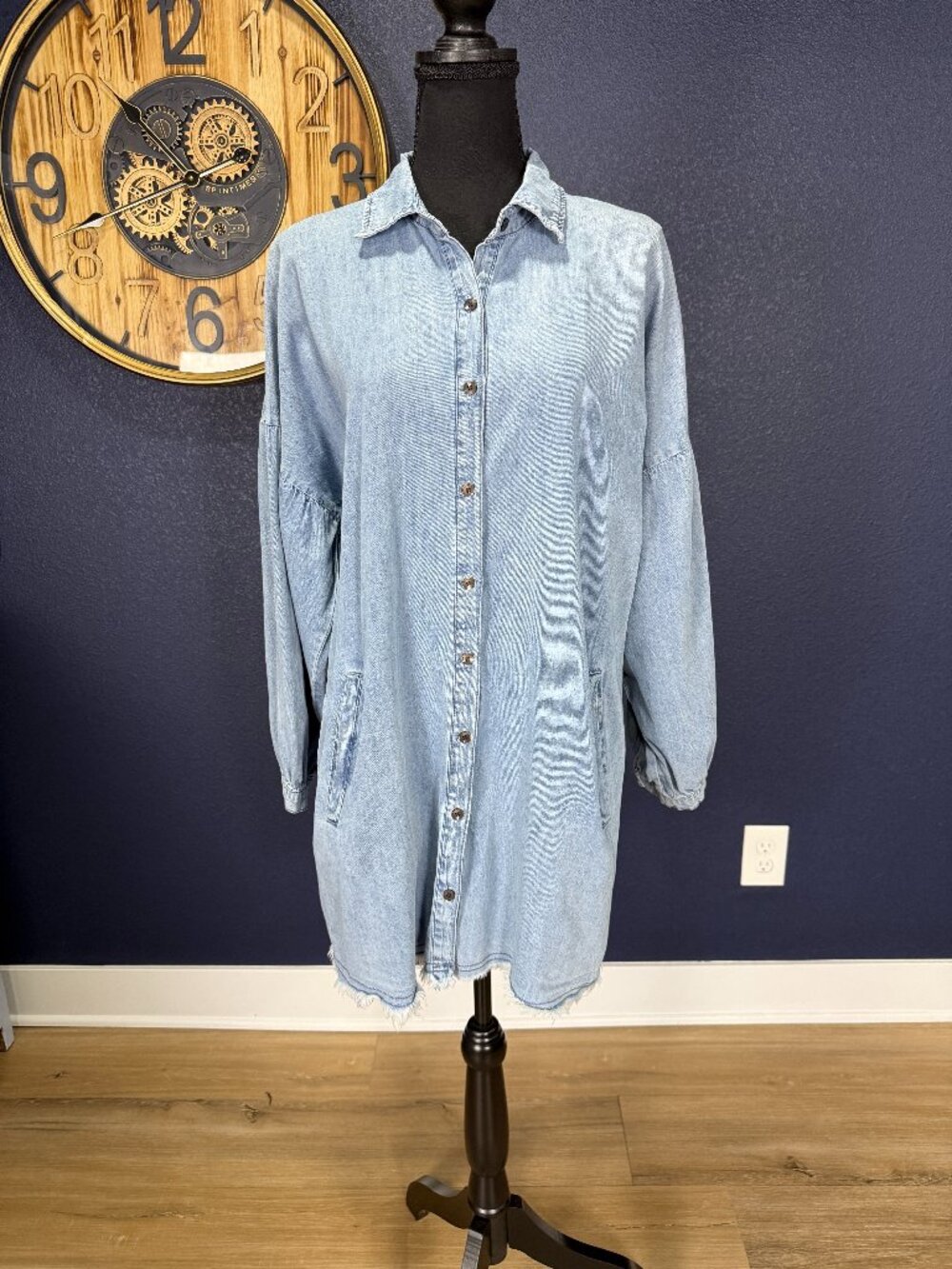 Denim Chambray Button Front Frayed Hem Shirt Dress | S